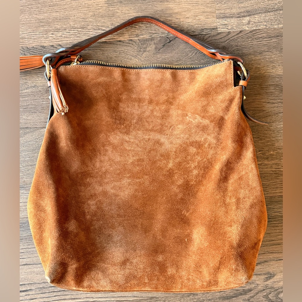Dooney & Bourke Cognac Suede Shoulder Bag with Leather Trim - Picture 2 of 7